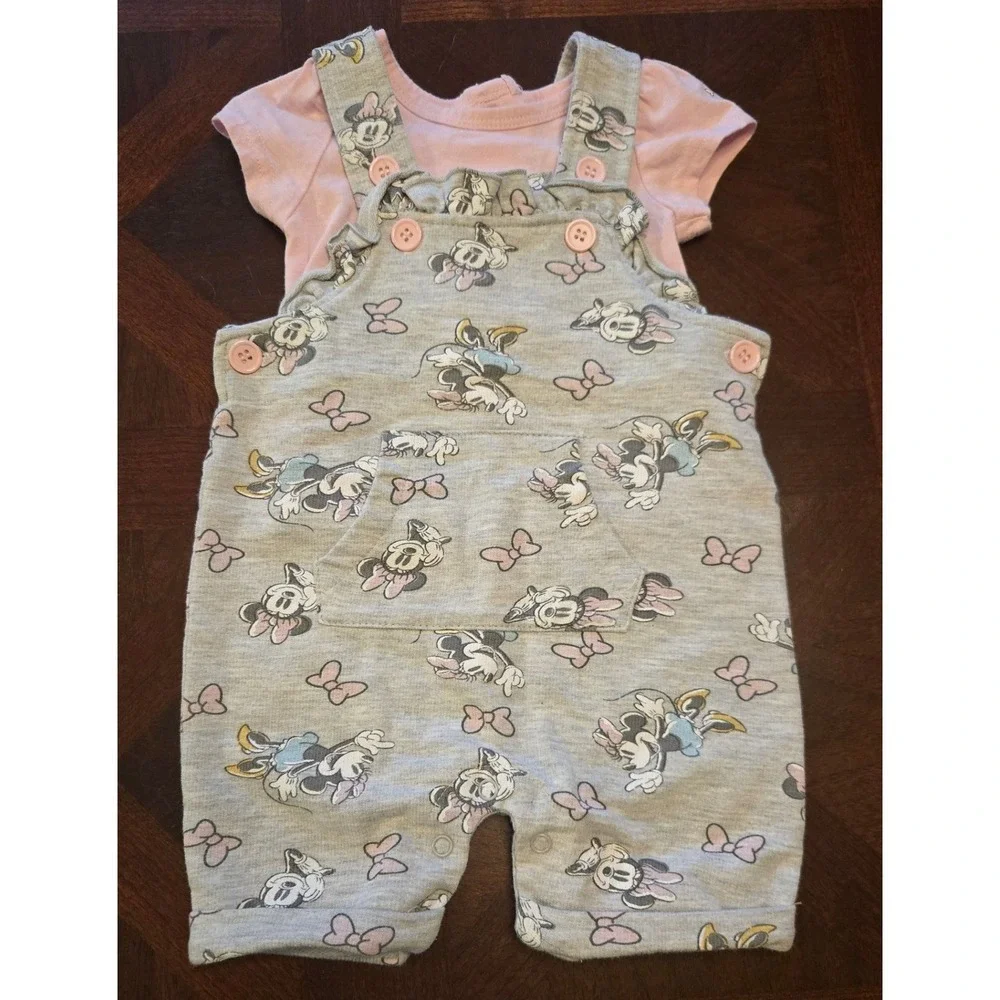 Disney‎ Baby Minnie Mouse Pink Bodysuit and Gray Overall Romper Set 6M